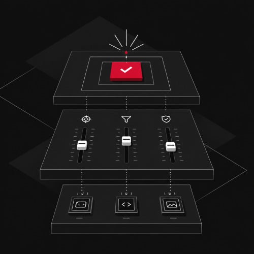 Illustration zum Google Tag Manager: Variablen, Trigger und Tags als drei aufeinander aufbauende Ebenen.
